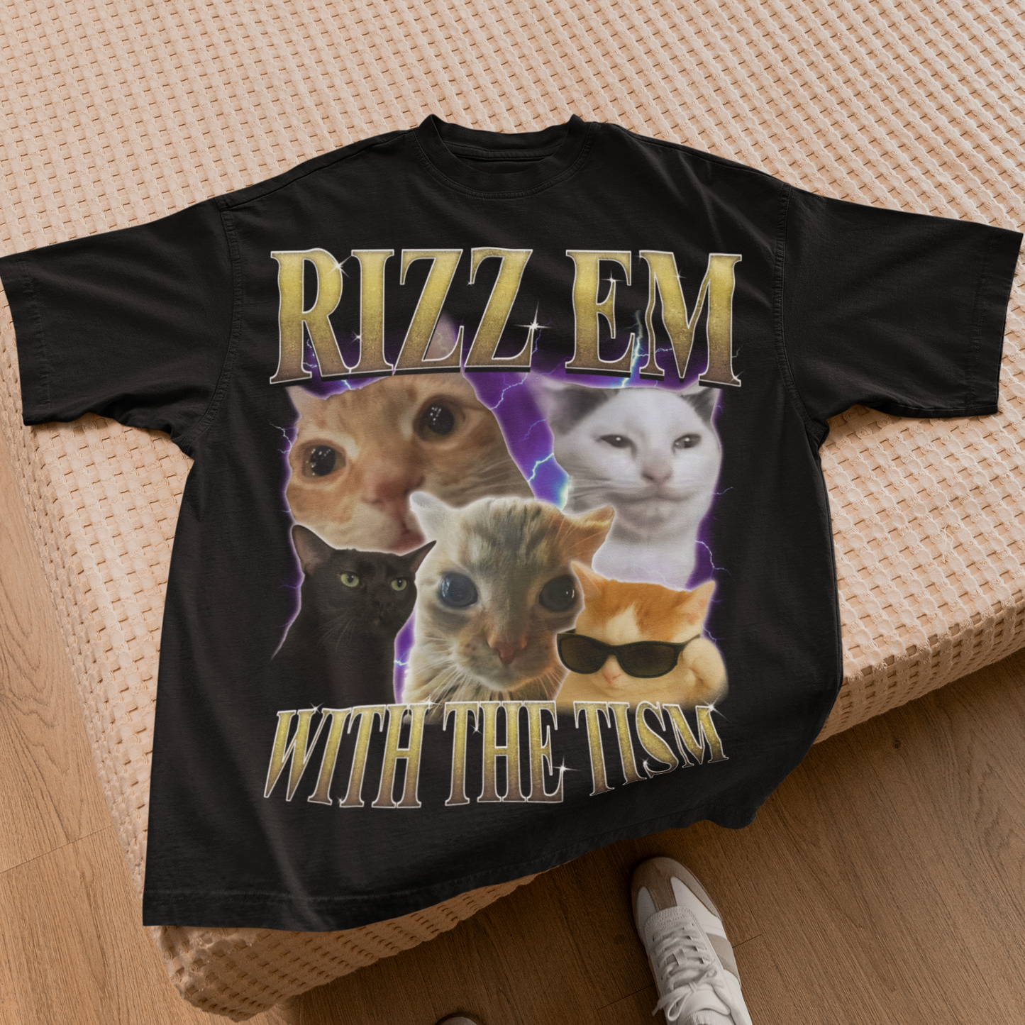 Rizz Em With The Tism Vintage Graphic Tee, Retro 90s Funny Cat Meme Shirt, Weird Shirts