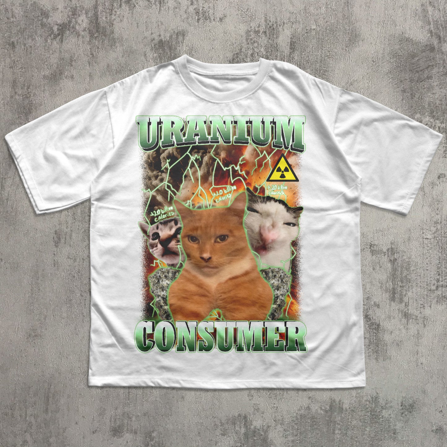 White t-shirt with a graphic design featuring a fox and text on a concrete surface