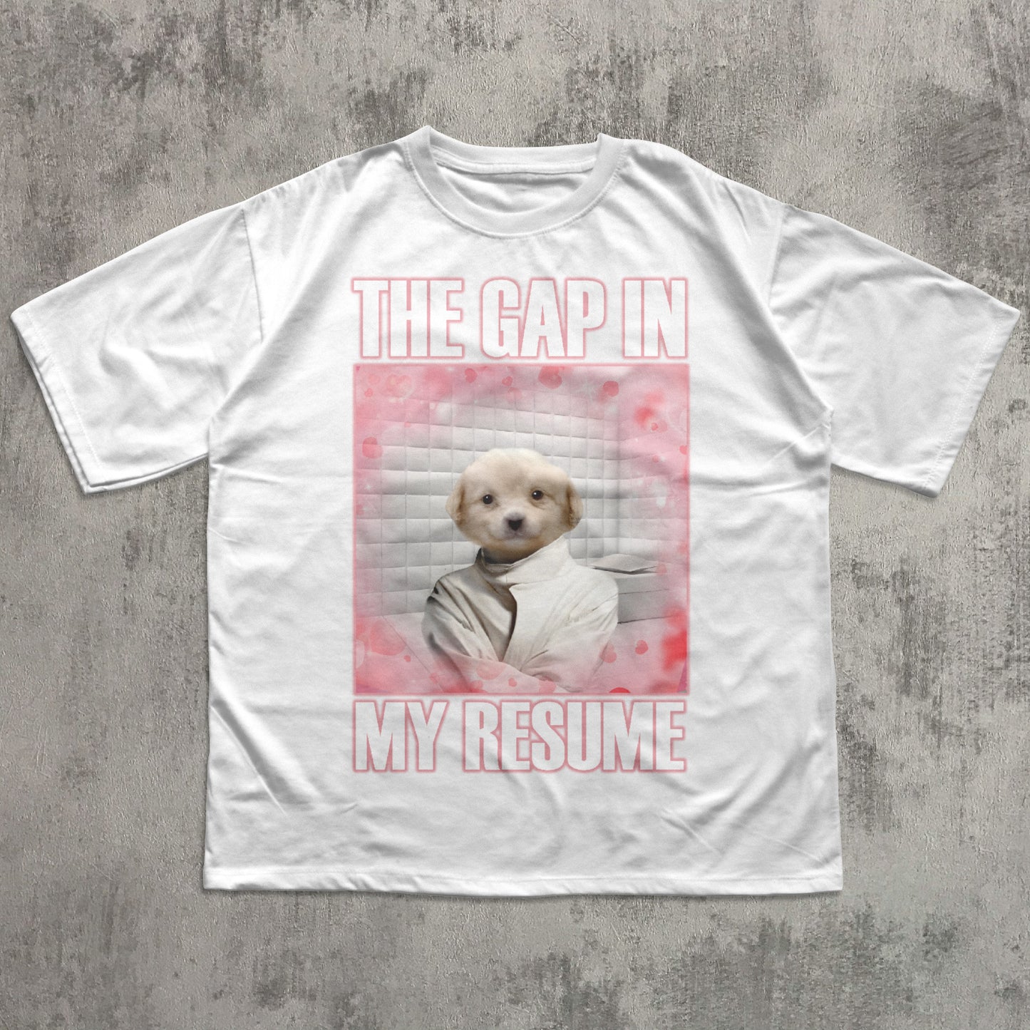 White t-shirt with a graphic of a dog and text 'THE GAP IN MY RESUME' on a textured gray background