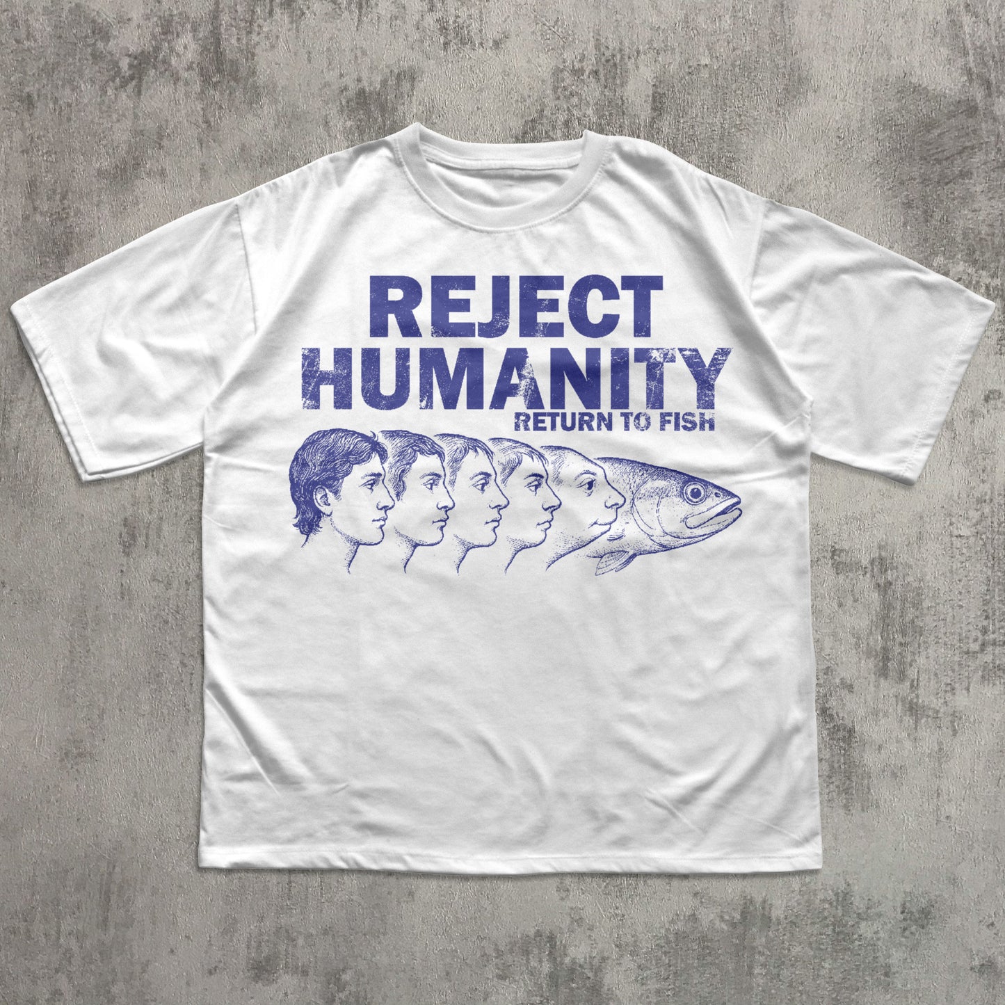White t-shirt with purple graphic and text on a concrete surface