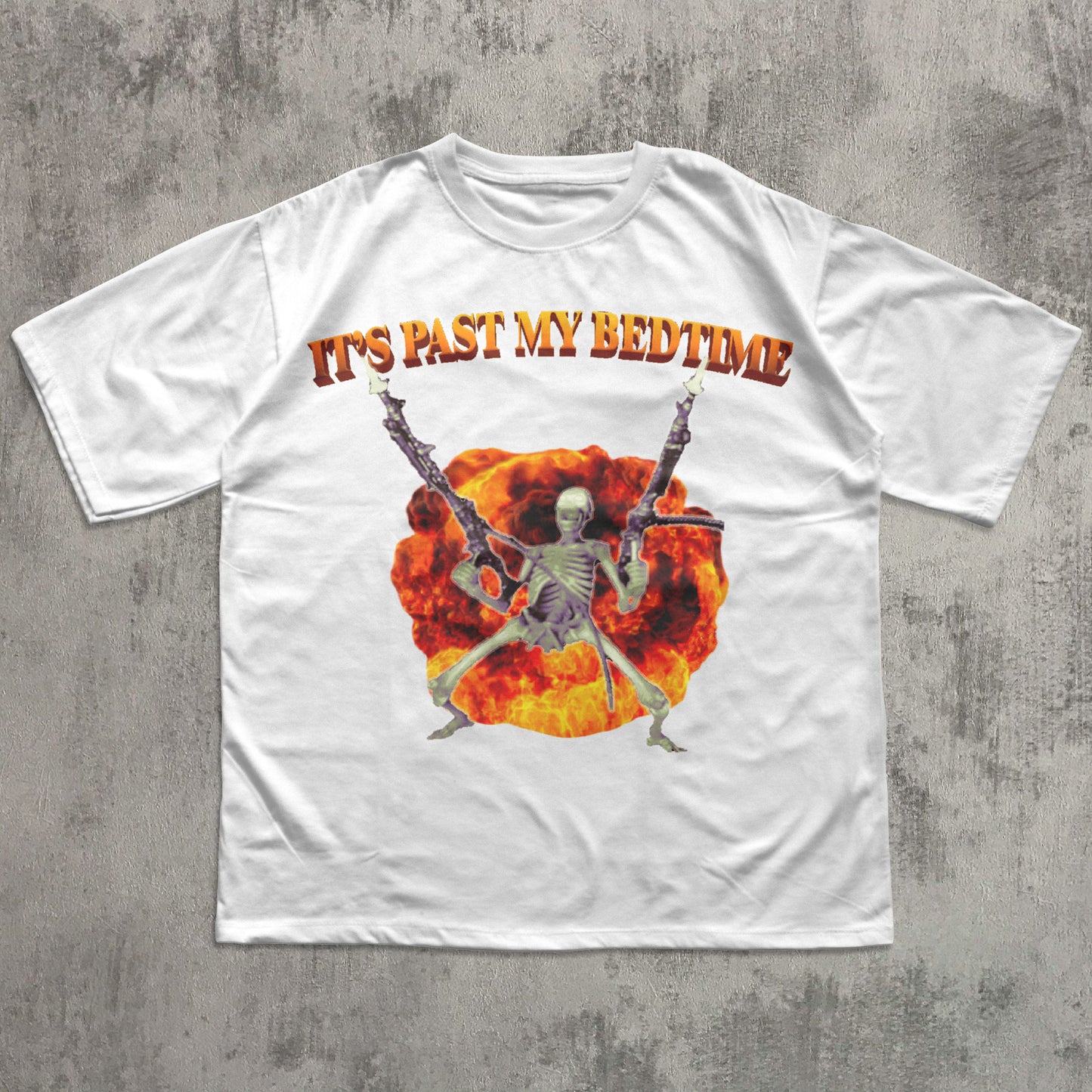 Funny White t-shirt with a skeleton holding guns and 'It's Past My Bedtime' text on a concrete background