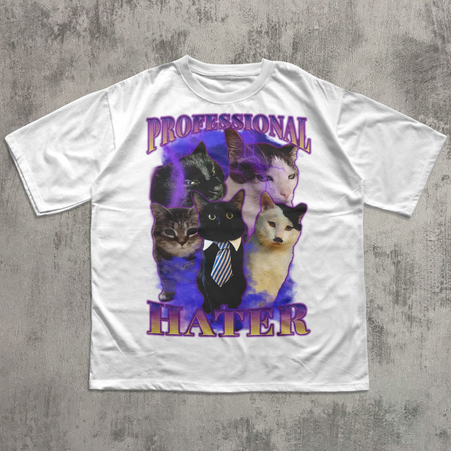 White t-shirt with a graphic of four cats and the text 'Professional Hater' on a concrete surface.