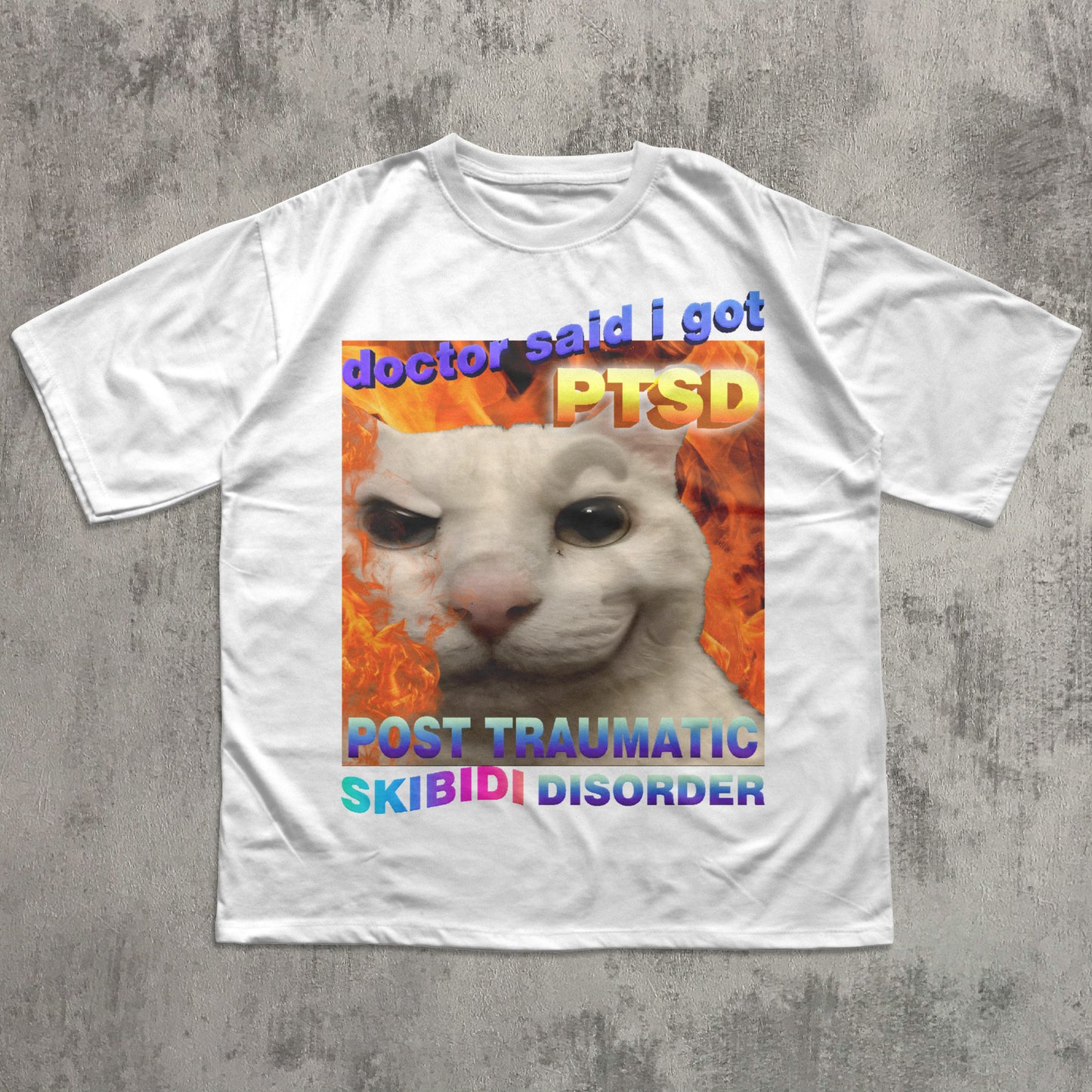 Funny skibidi White t-shirt with a graphic of a cat and text on a concrete surface