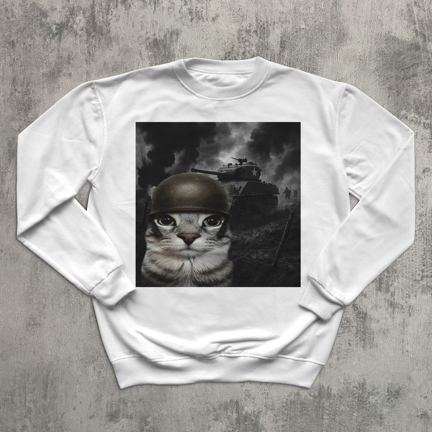 Cat in Battlefield Funny Meme Sweatshirt, Stupid Gifts, Silly Cats Sweater, Kitten Soldier Sweatshirts, Weird Tops, Ugly Sweaters, Cat Lover