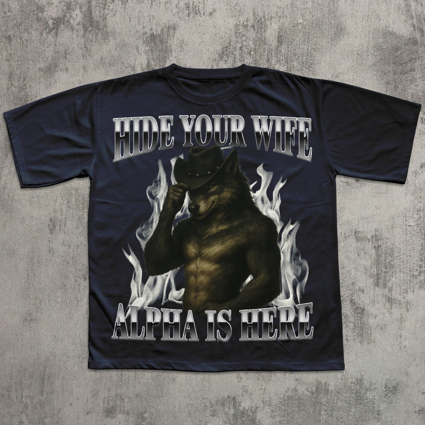 Black t-shirt with graphic design and text on a textured gray background