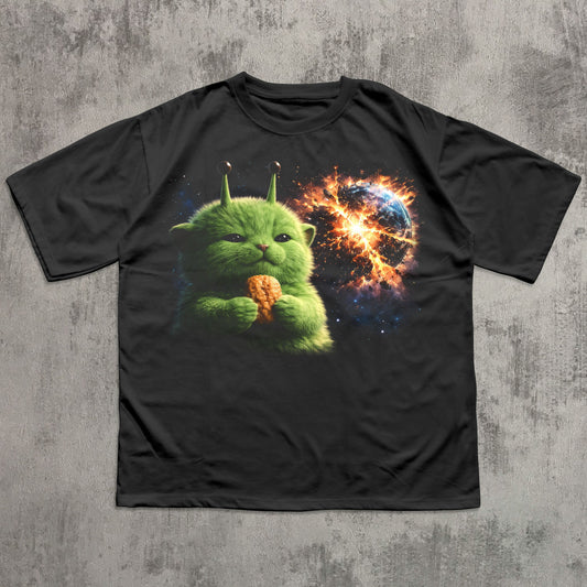 Black t-shirt with a green creature holding a corn on a concrete surface