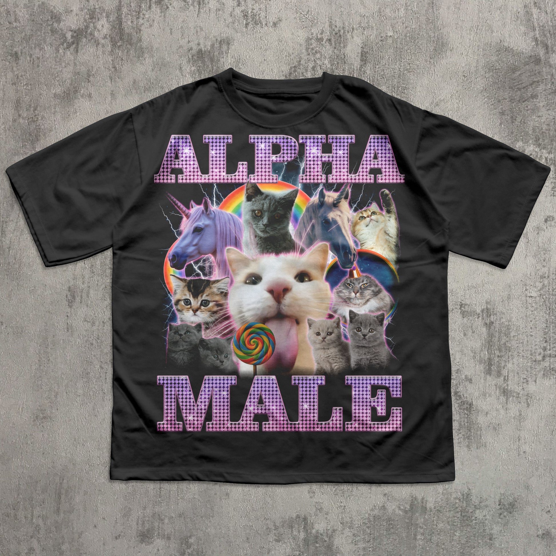 Alpha Male cat graphic T-shirt with colorful kittens and unicorn design on black tee