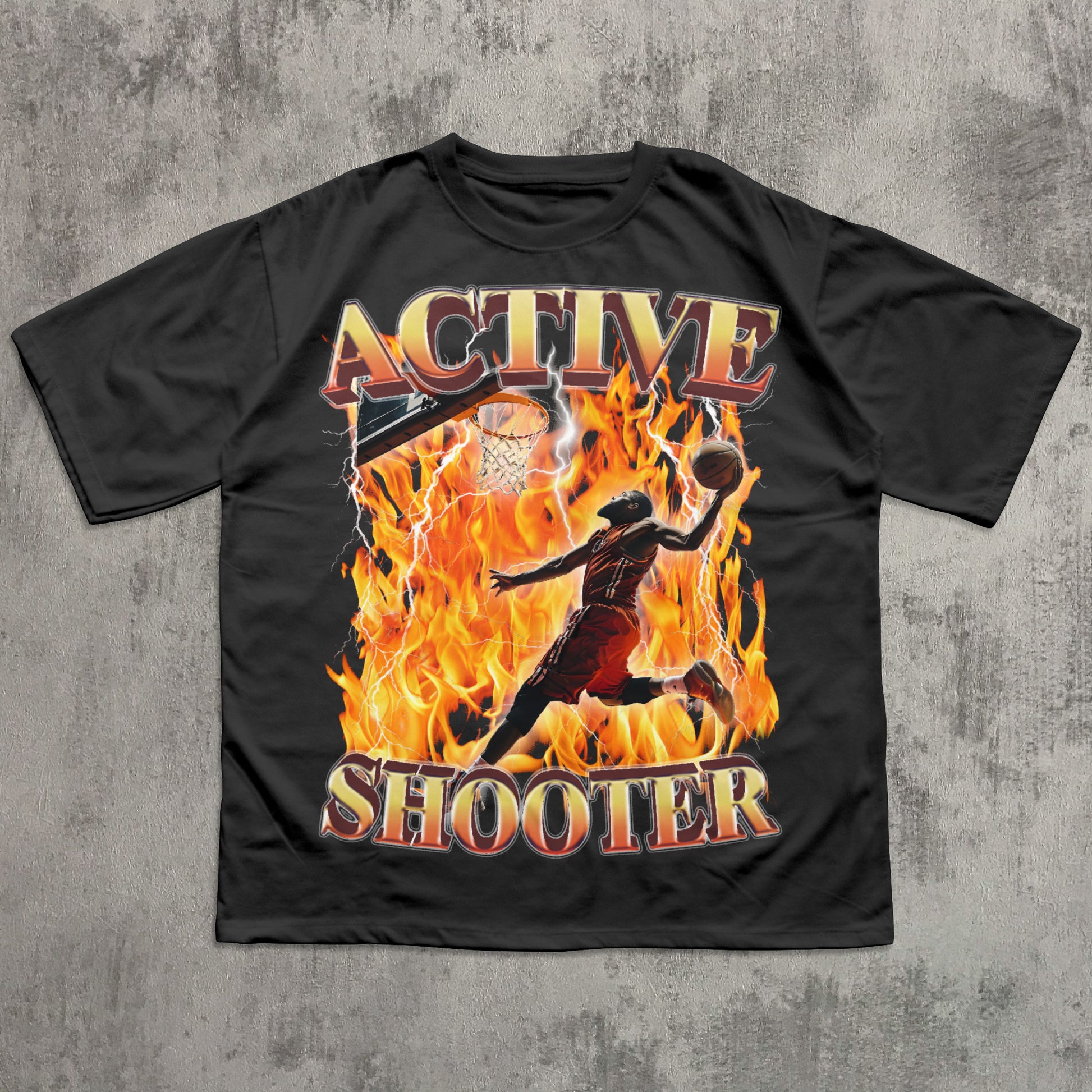 funny Black t-shirt with 'Active Shooter' graphic design on a textured gray background