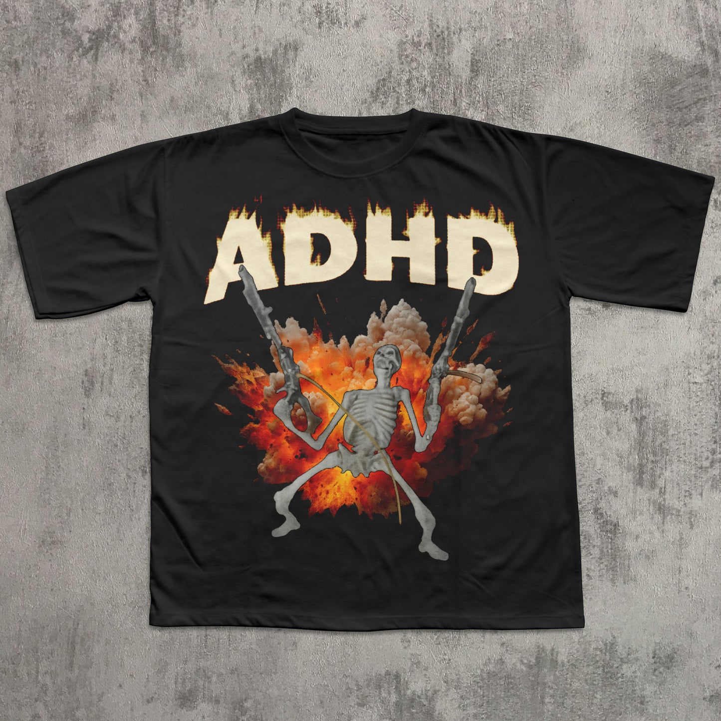 Black t-shirt with a skeleton holding guns and 'ADHD' text on fire, against a concrete wall background.