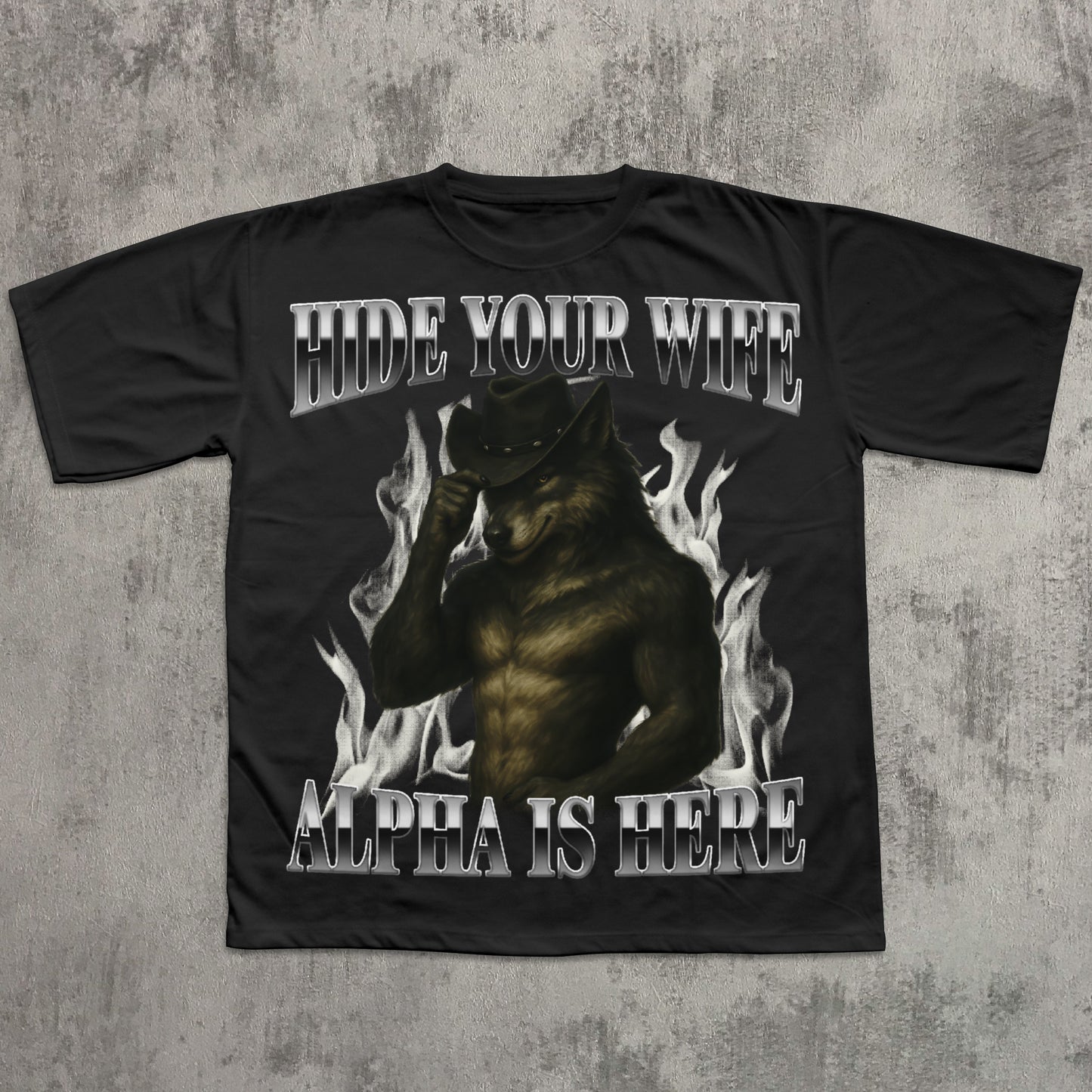 Black t-shirt with graphic design and text on a textured gray background