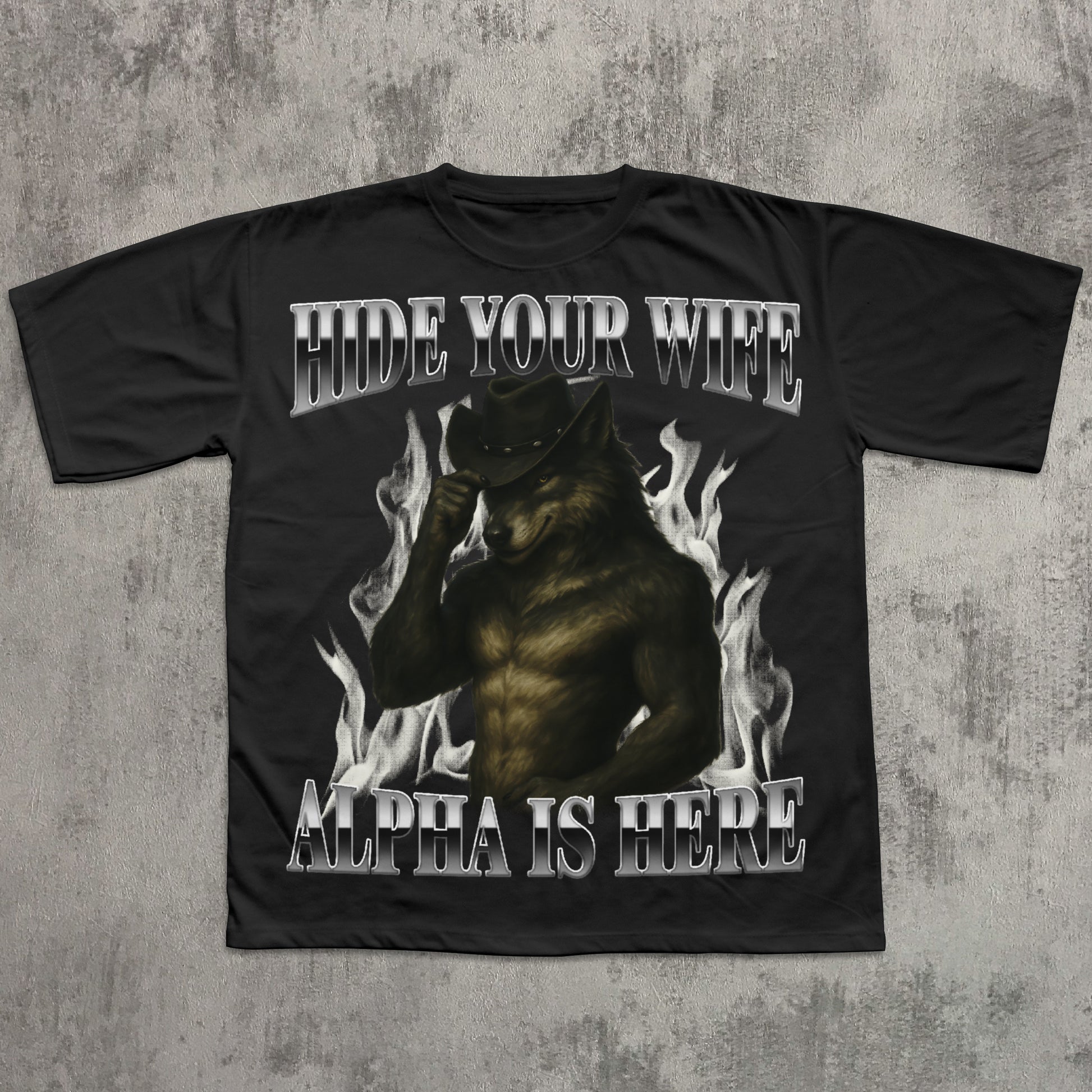 Black t-shirt with graphic design and text on a textured gray background