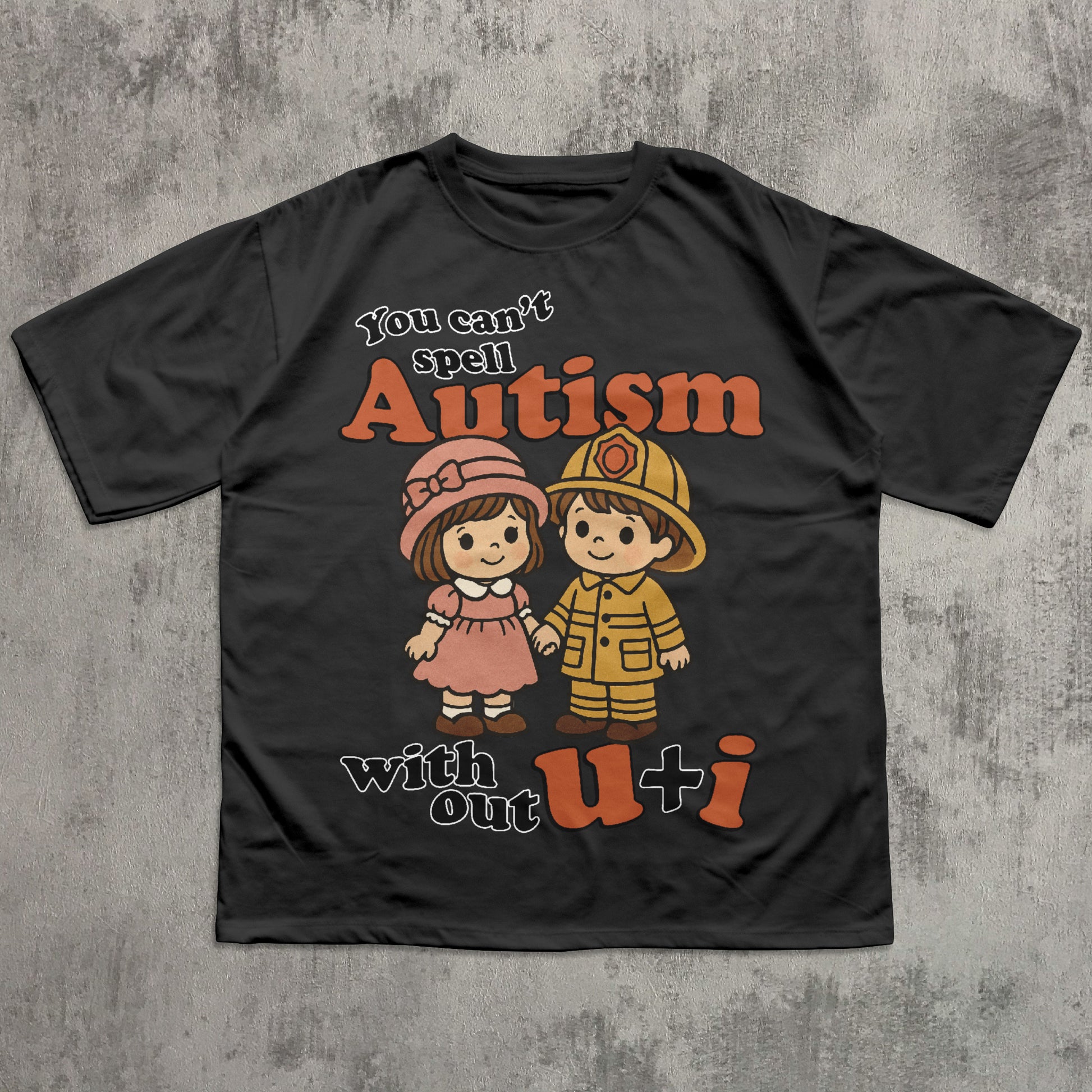 Black t-shirt with cartoon characters and text on a textured gray background