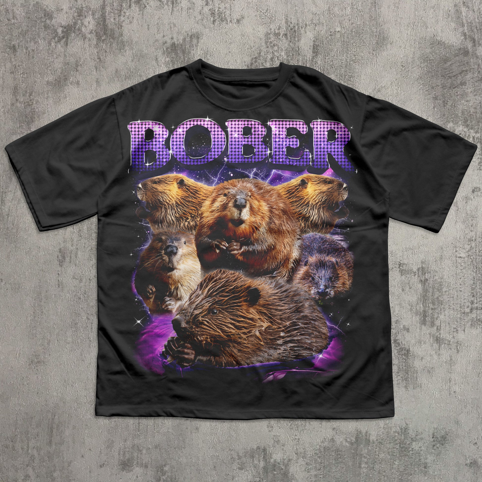 Black t-shirt with beaver graphic and 'BOBER' text on a textured gray background