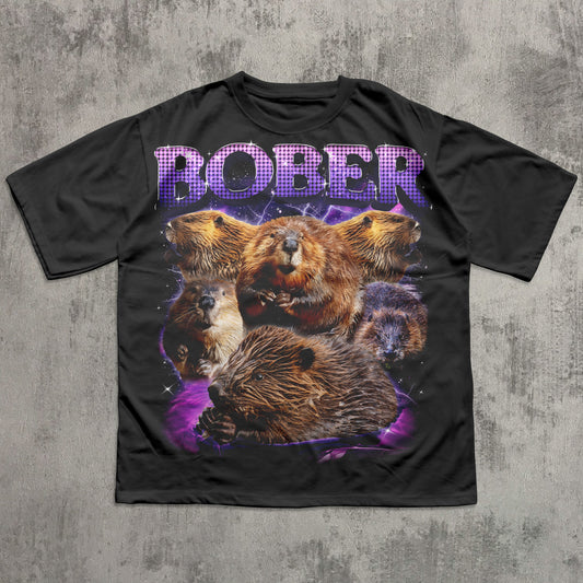Black t-shirt with beaver graphic and 'BOBER' text on a textured gray background