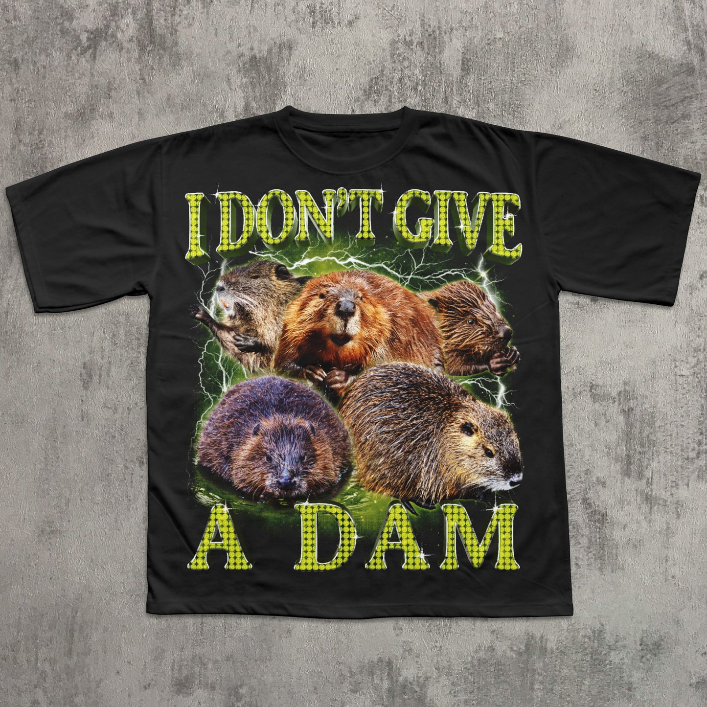 Black novelty shirt featuring beavers and sarcastic dam joke.