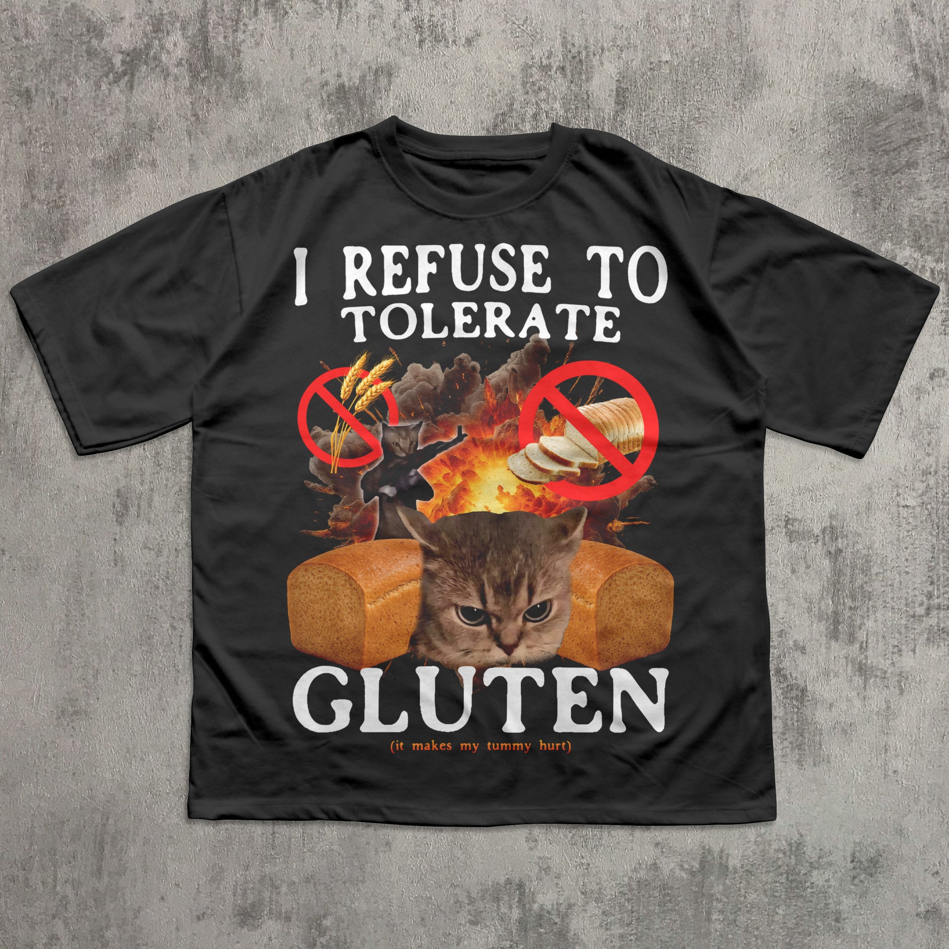 Black t-shirt with a cat graphic and text on a concrete background