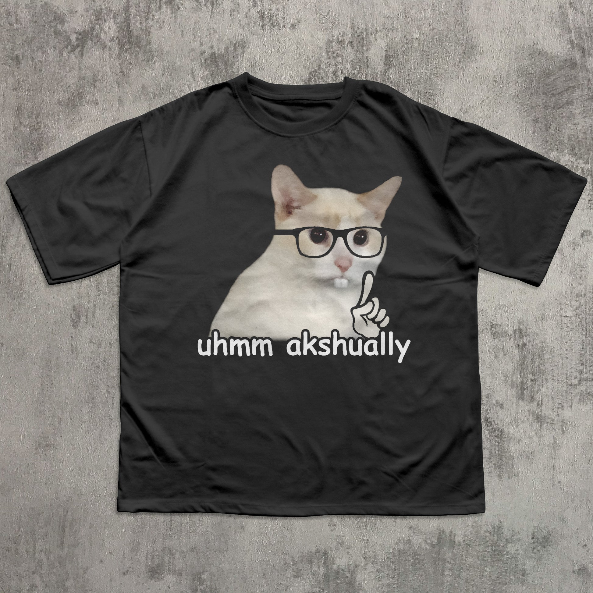 Black t-shirt with a cat graphic and text 'uhmm akshually' on a textured gray background