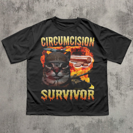Black t-shirt with graphic design of a cat and text on a textured gray background