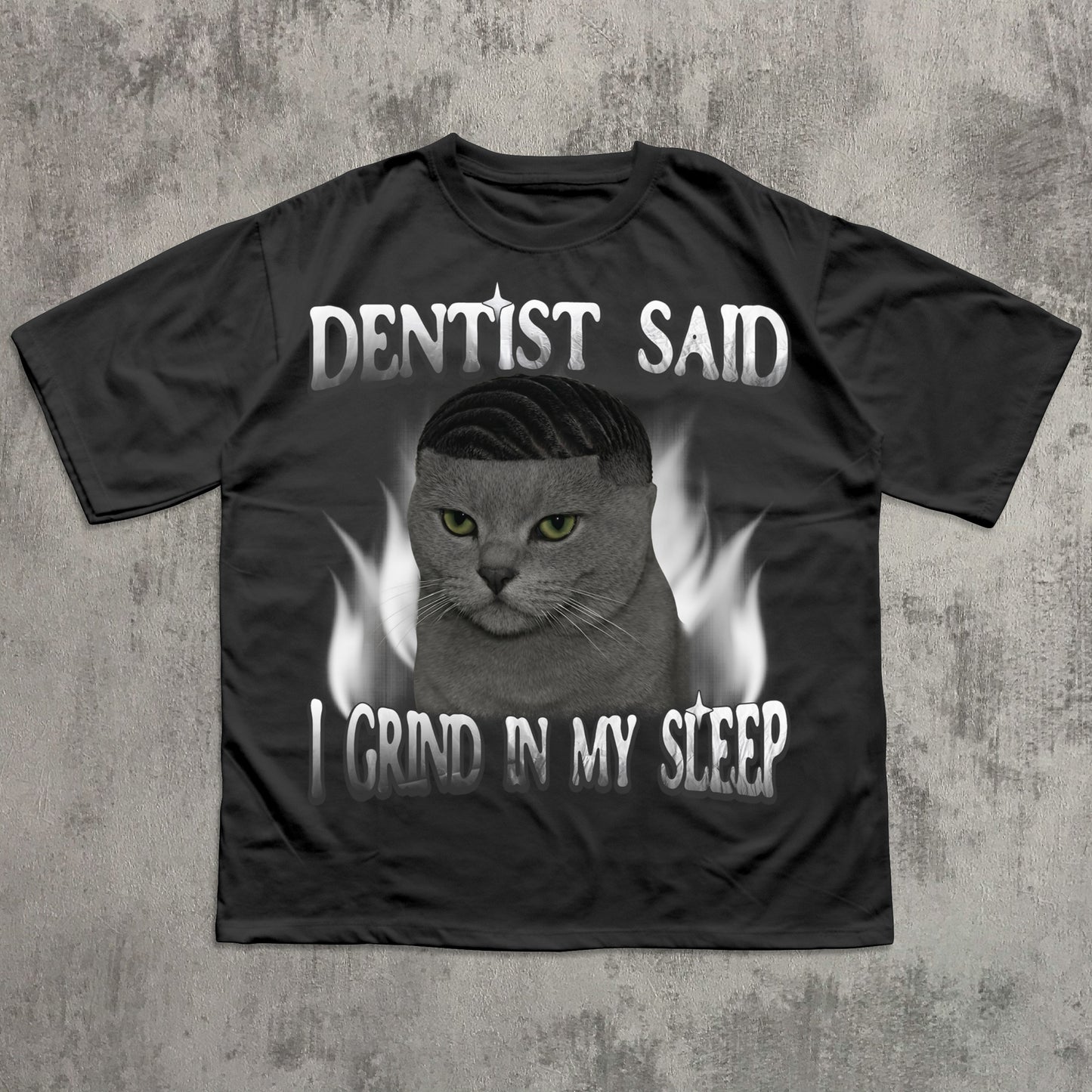 Black Meme t-shirt with a graphic of a cat and text on a textured gray background
