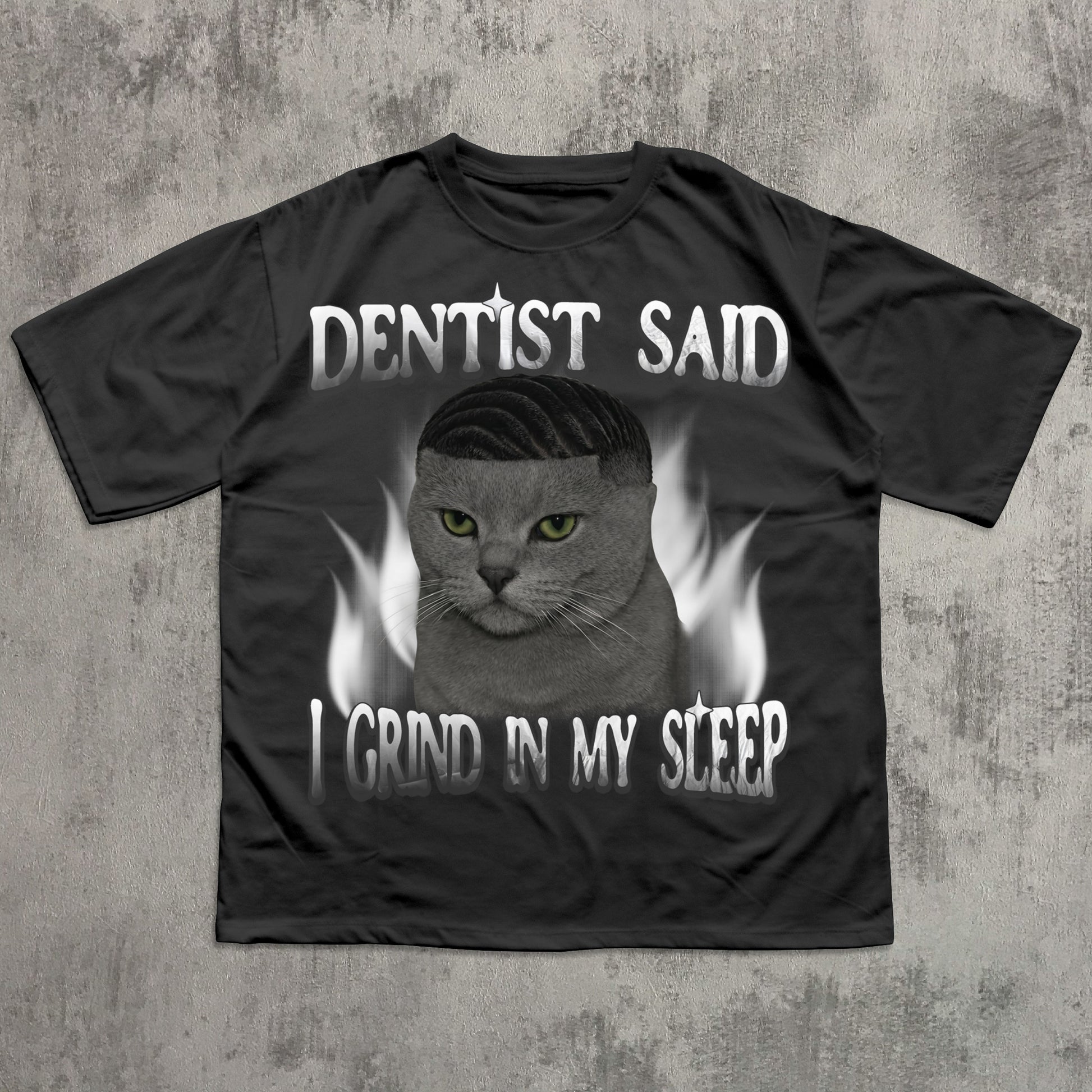 Black Meme t-shirt with a graphic of a cat and text on a textured gray background