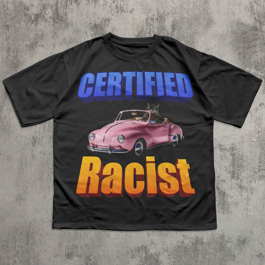 Black funny cat meme t-shirt with a graphic of a pink car and text on a textured gray background