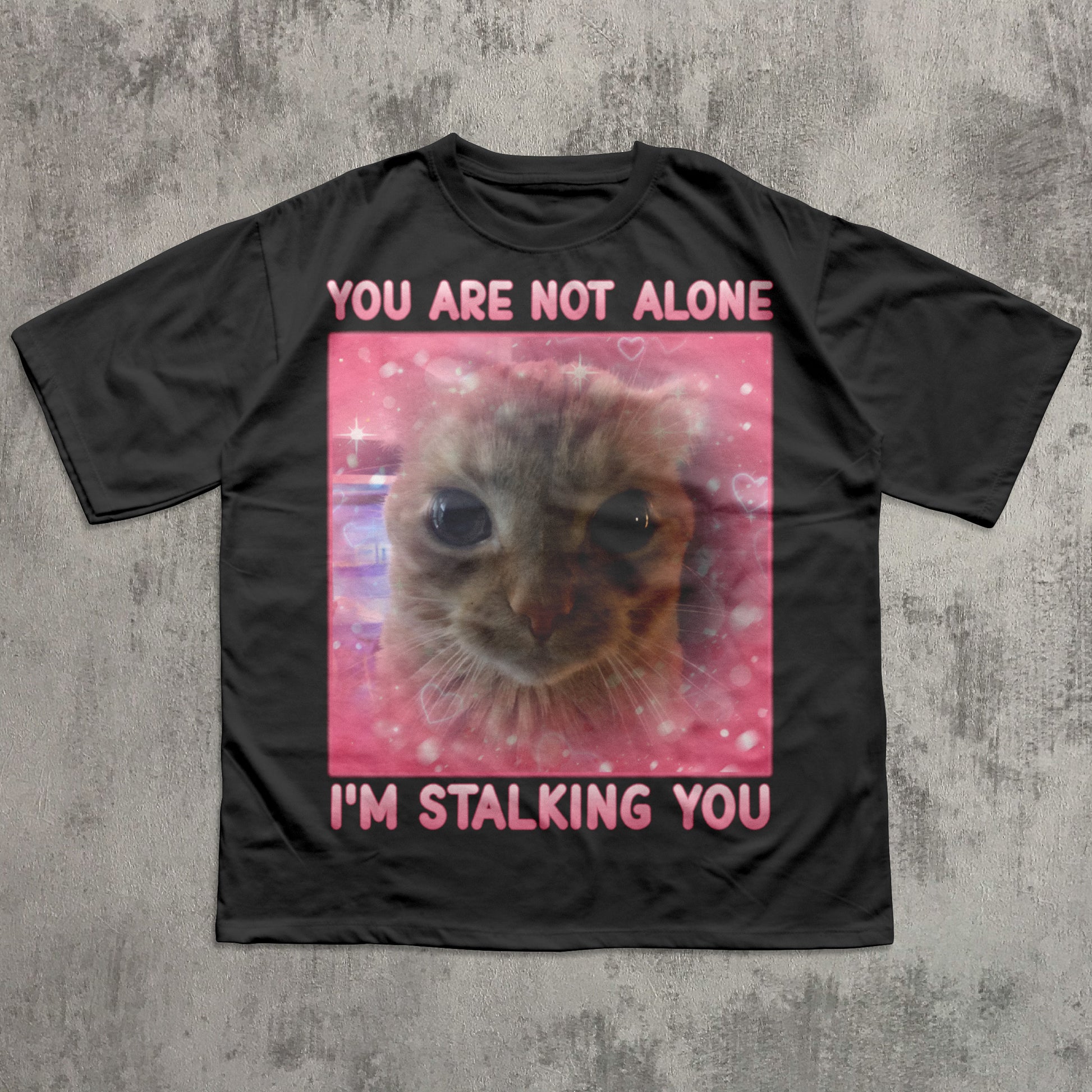 Funny Black t-shirt with a cat graphic and text on a textured gray background
