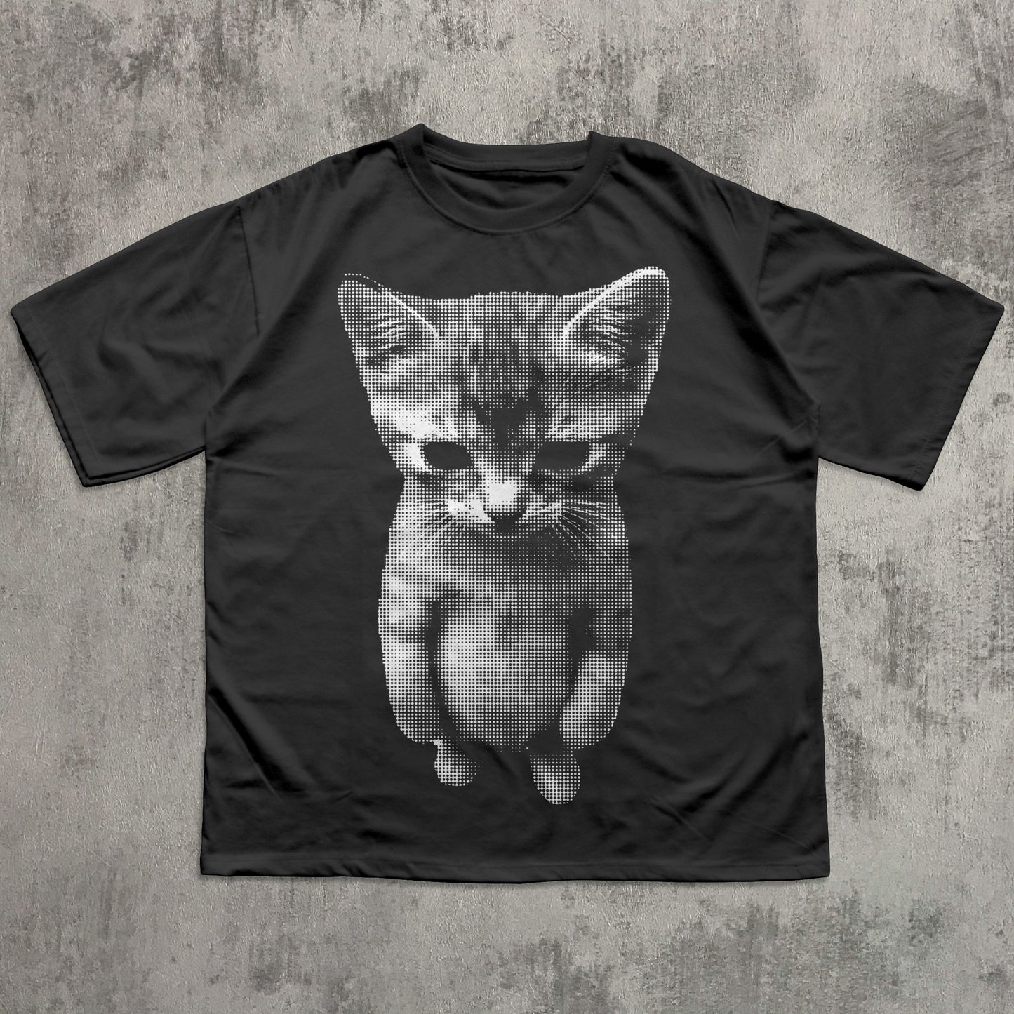 Halftone kitten graphic tee featuring a detailed dot art cat illustration