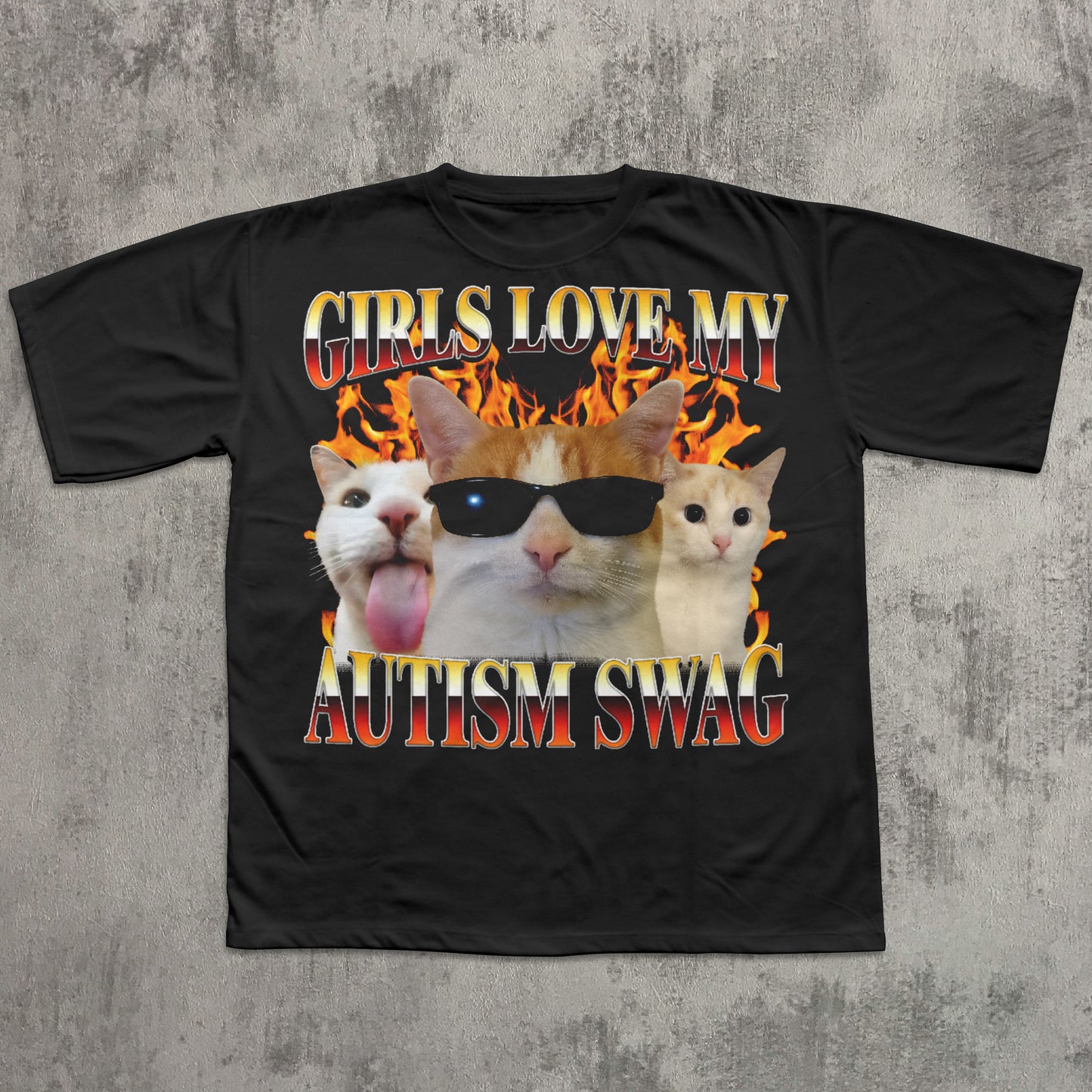 Black t-shirt with cat graphic and text 'Girls love my autism swag' on a textured gray background