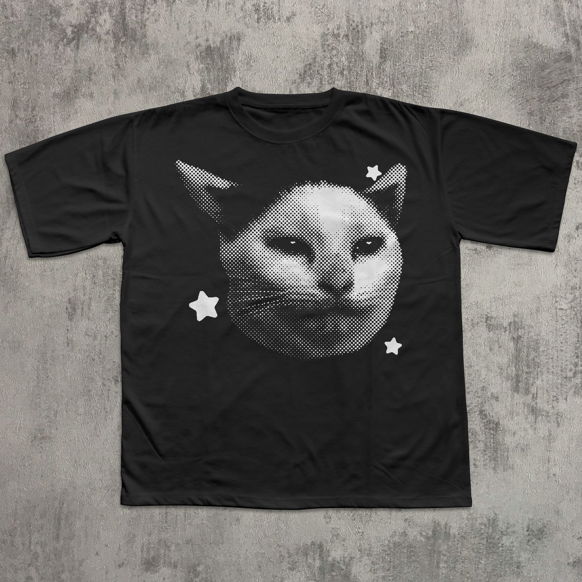 Black t-shirt with a geometric cat design on a textured gray background