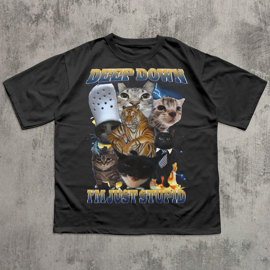Black t-shirt with animal graphic and text on a textured gray background