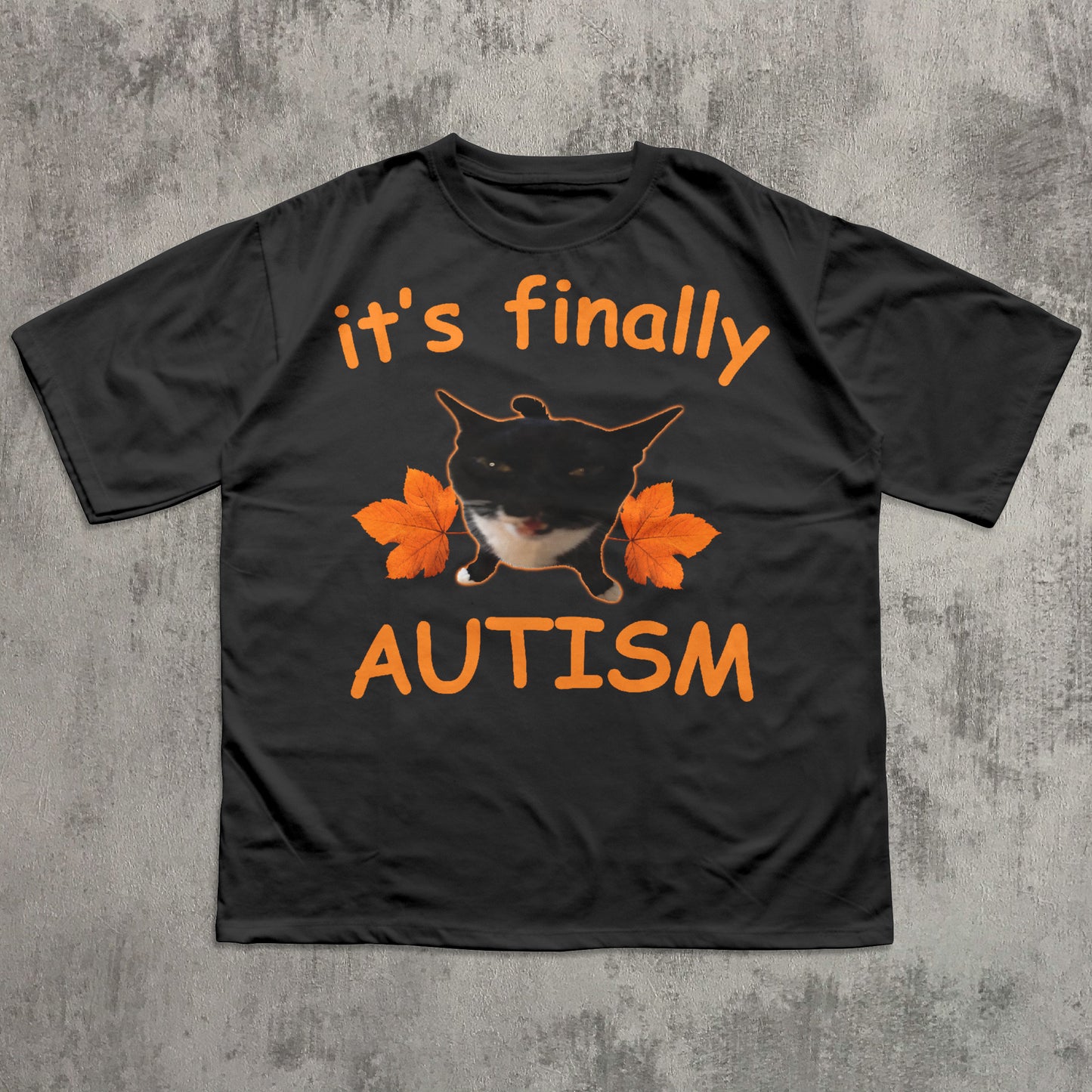 Black t-shirt with orange text and a dog graphic on a textured gray background