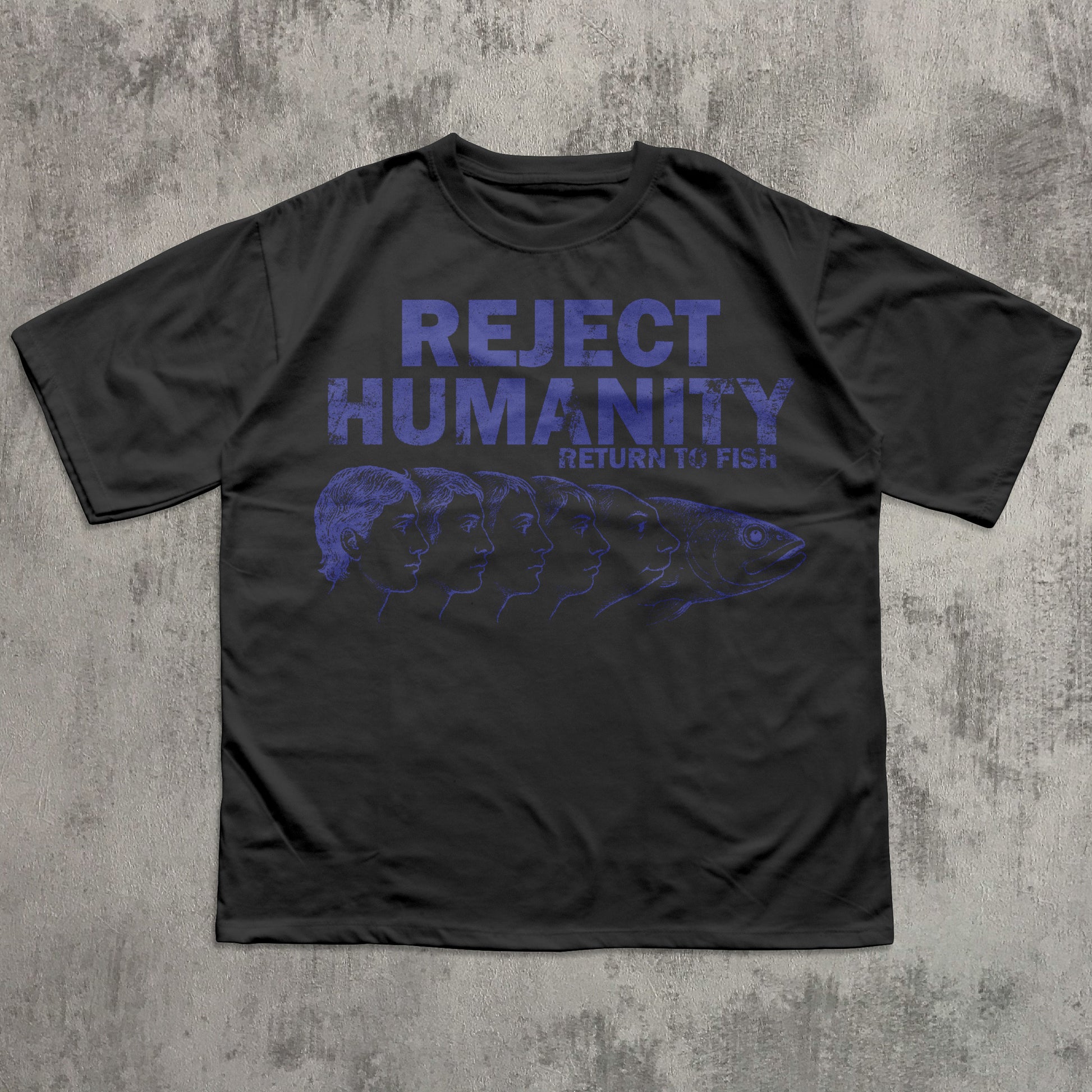 Black t-shirt with blue text and fish graphic on a textured gray background