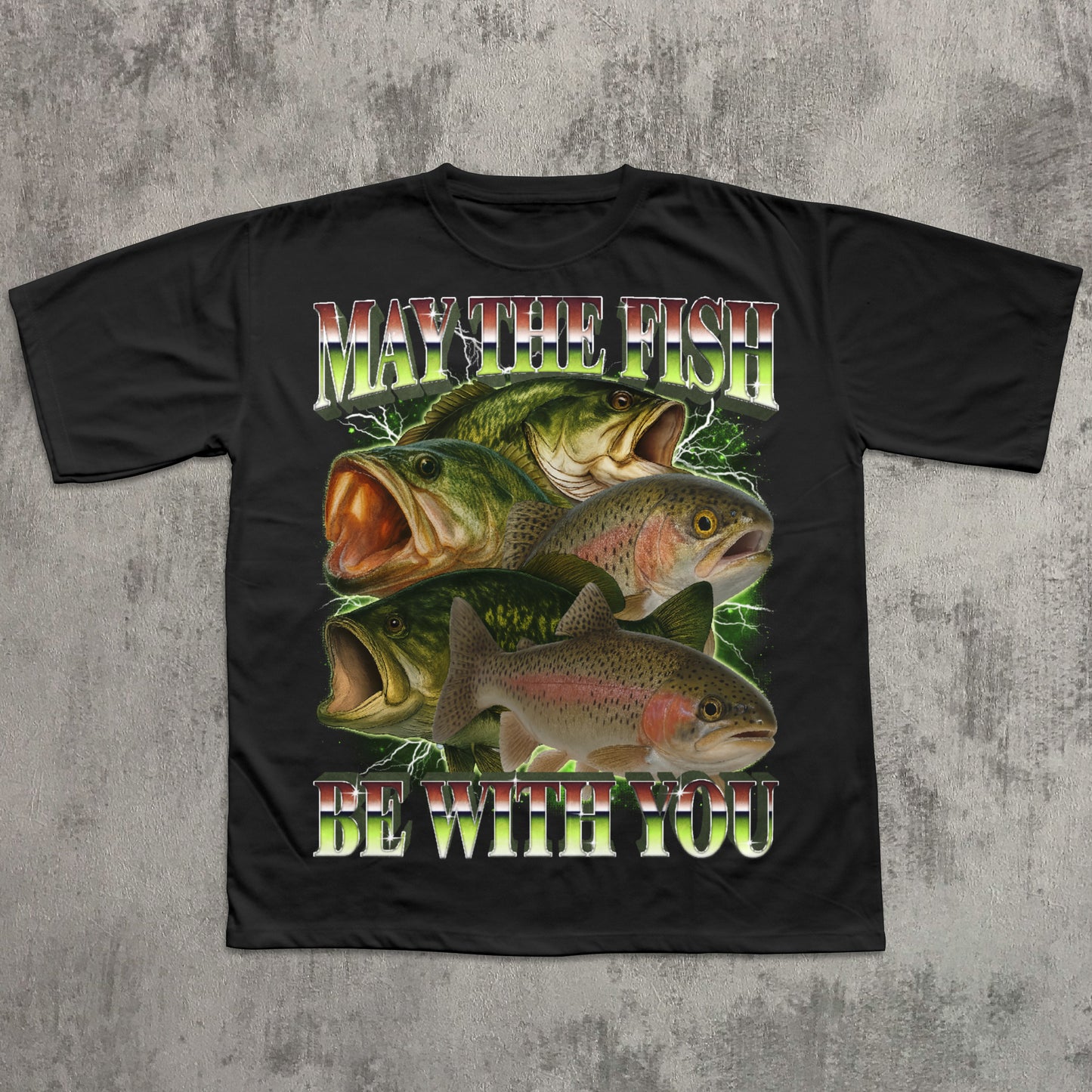 Black t-shirt with fish graphic and text 'May the fish be with you' on a textured gray background