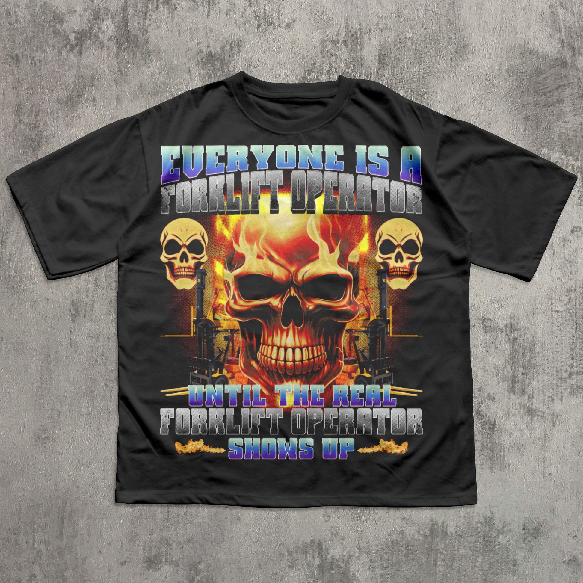 Black t-shirt with a graphic design featuring skulls and text on a concrete background