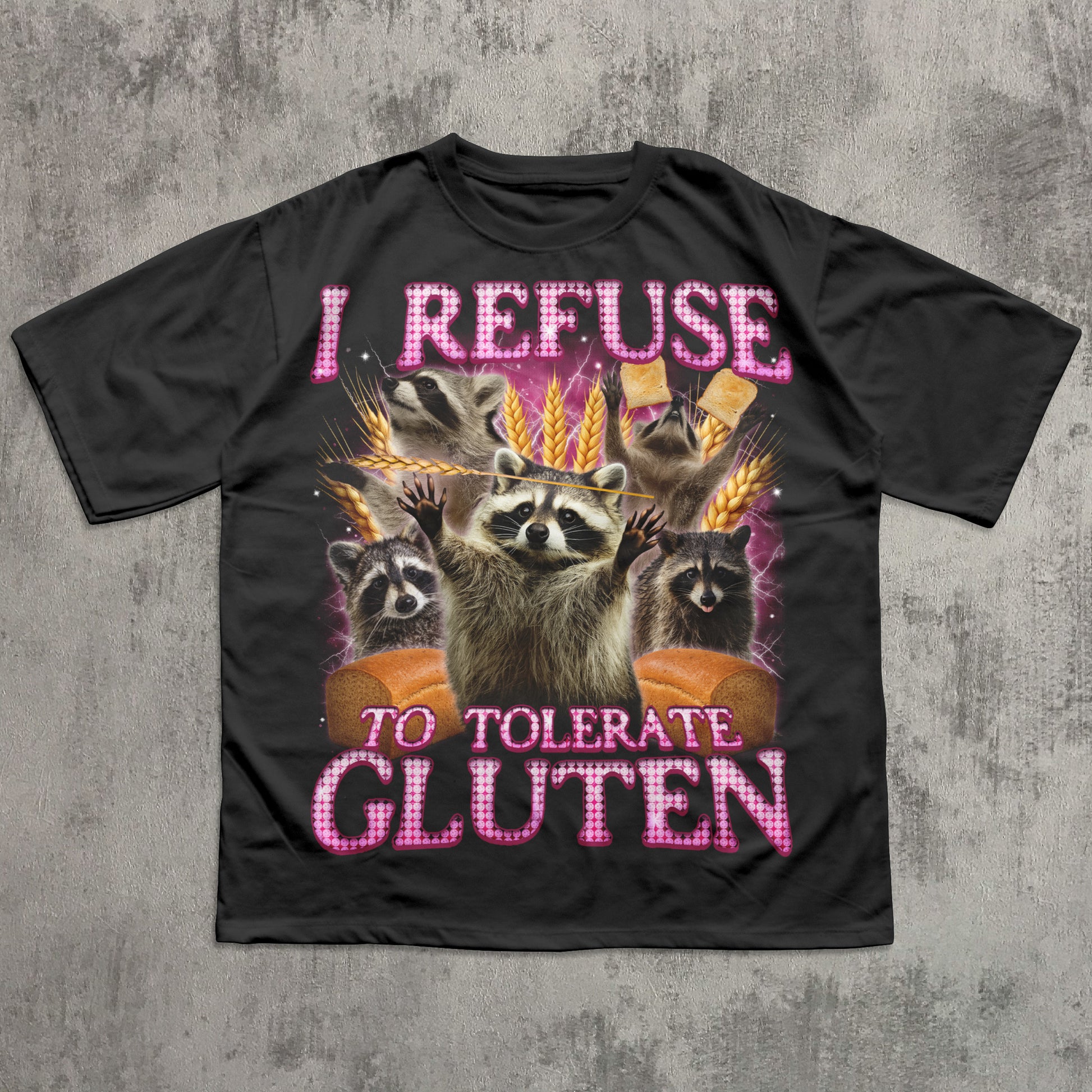 Black funny gluten intolerant t-shirt featuring raccoons and bread with the slogan “I Refuse to Tolerate Gluten”