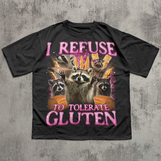 Black funny gluten intolerant t-shirt featuring raccoons and bread with the slogan “I Refuse to Tolerate Gluten”