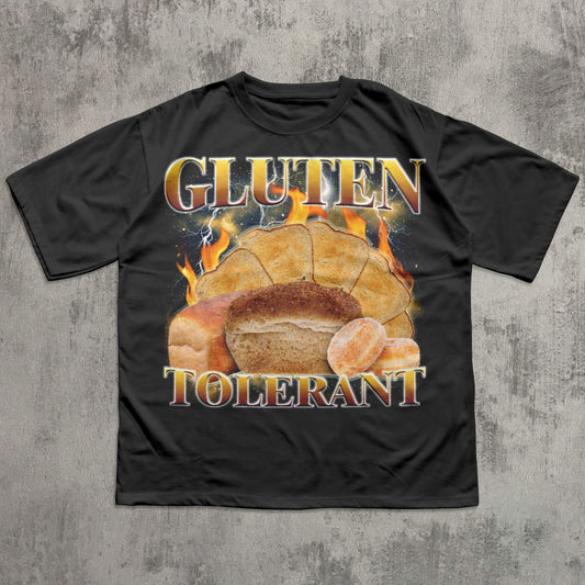 Black t-shirt with bread graphic and 'GLUTEN TOLERANT' text on a textured gray background