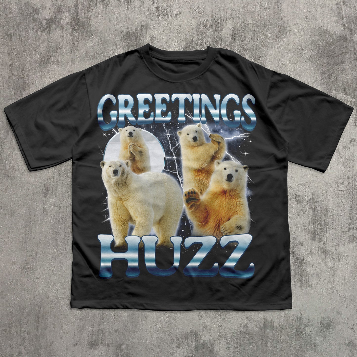 Black t-shirt with polar bear design and 'Greetings HUZZ' text on a textured gray background