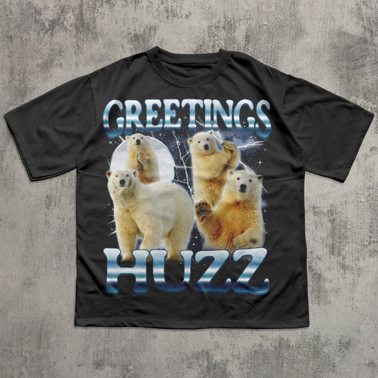 Black t-shirt with polar bear design and 'Greetings HUZZ' text on a textured gray background