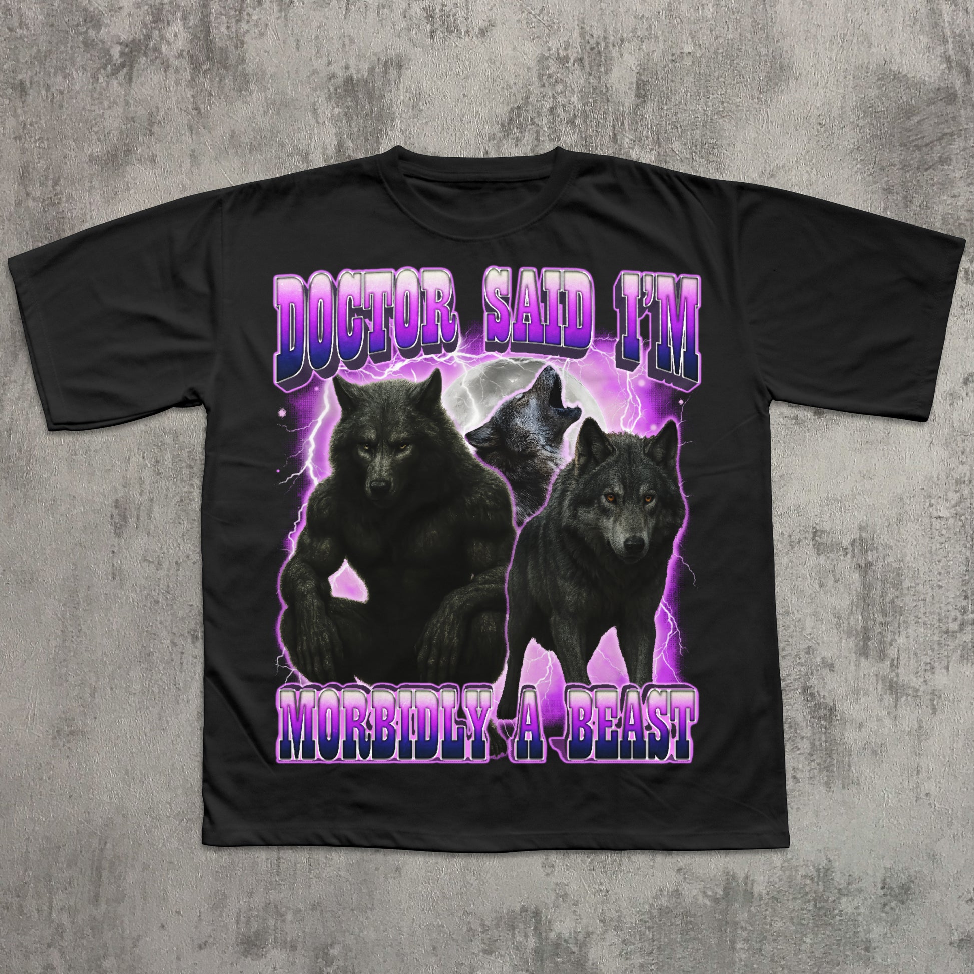 Funny wolf graphic T-shirt with muscular wolf artwork, purple lightning background, and meme text ‘Doctor said I’m morbidly a beast.’ Novelty wolf shirt for fans of gothic, fantasy, or meme apparel.