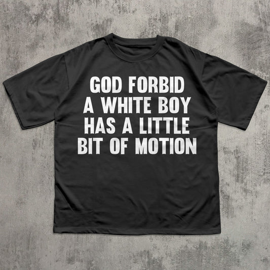 Black t-shirt with white text on a gray textured background