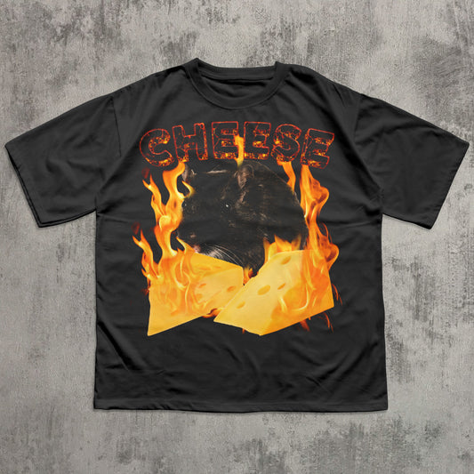 Black t-shirt with 'CHEESE' text and flame design on a concrete background