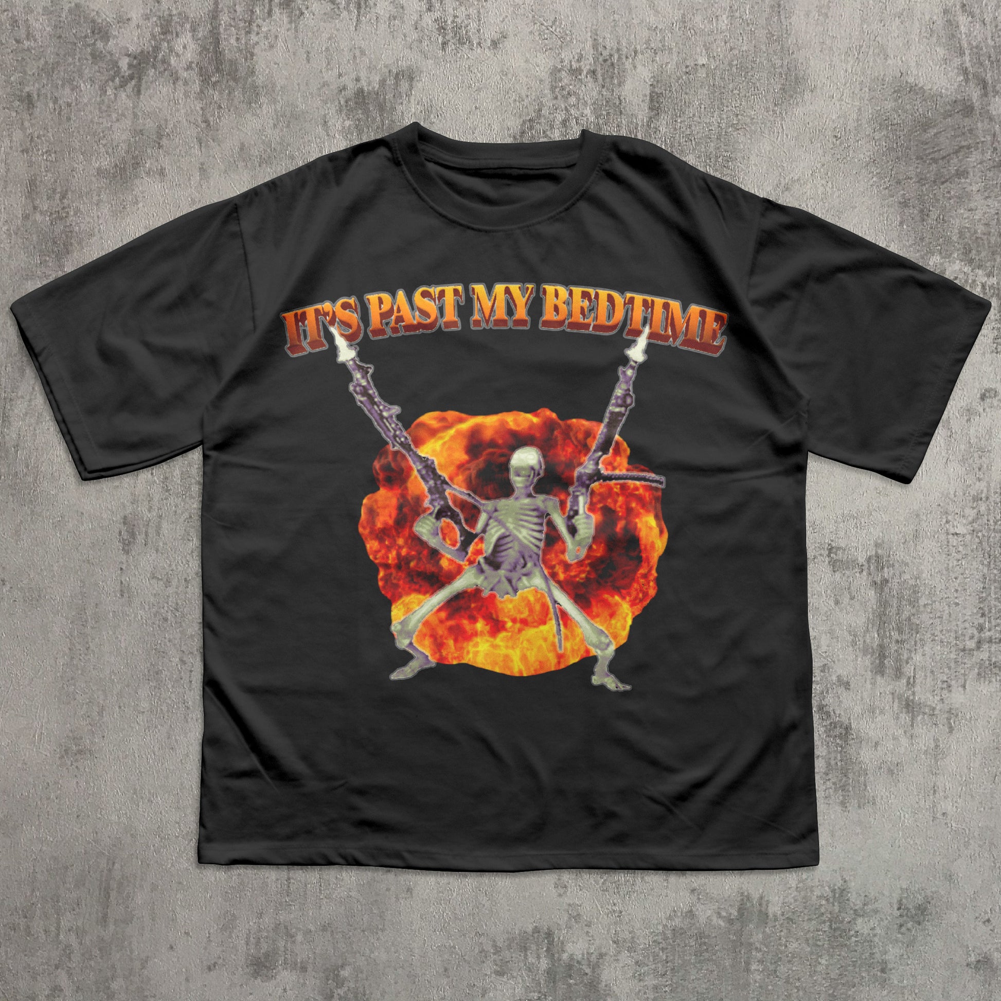 Funny Black t-shirt with skeleton design and 'It's Past My Bedtime' text on a textured gray background