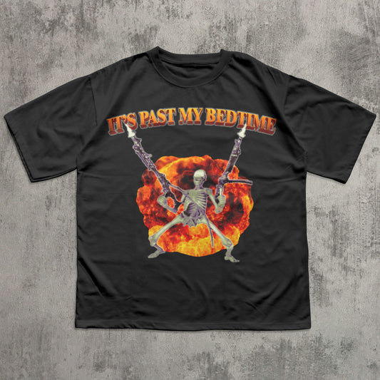 Funny Black t-shirt with skeleton design and 'It's Past My Bedtime' text on a textured gray background