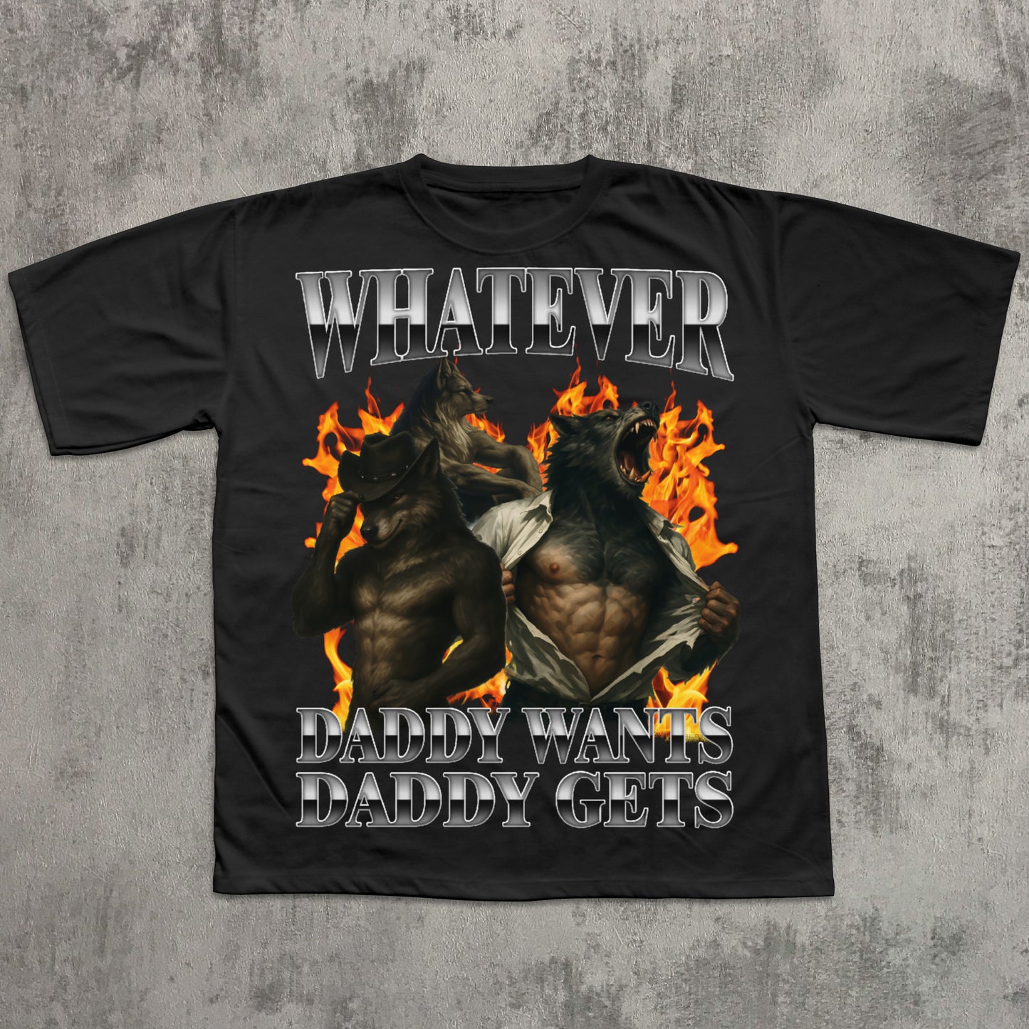 Black t-shirt with graphic design and text on a textured gray background