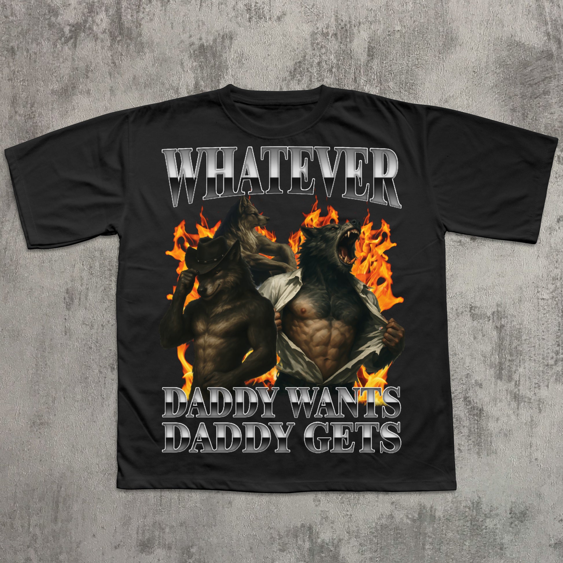 Black t-shirt with graphic design and text on a textured gray background