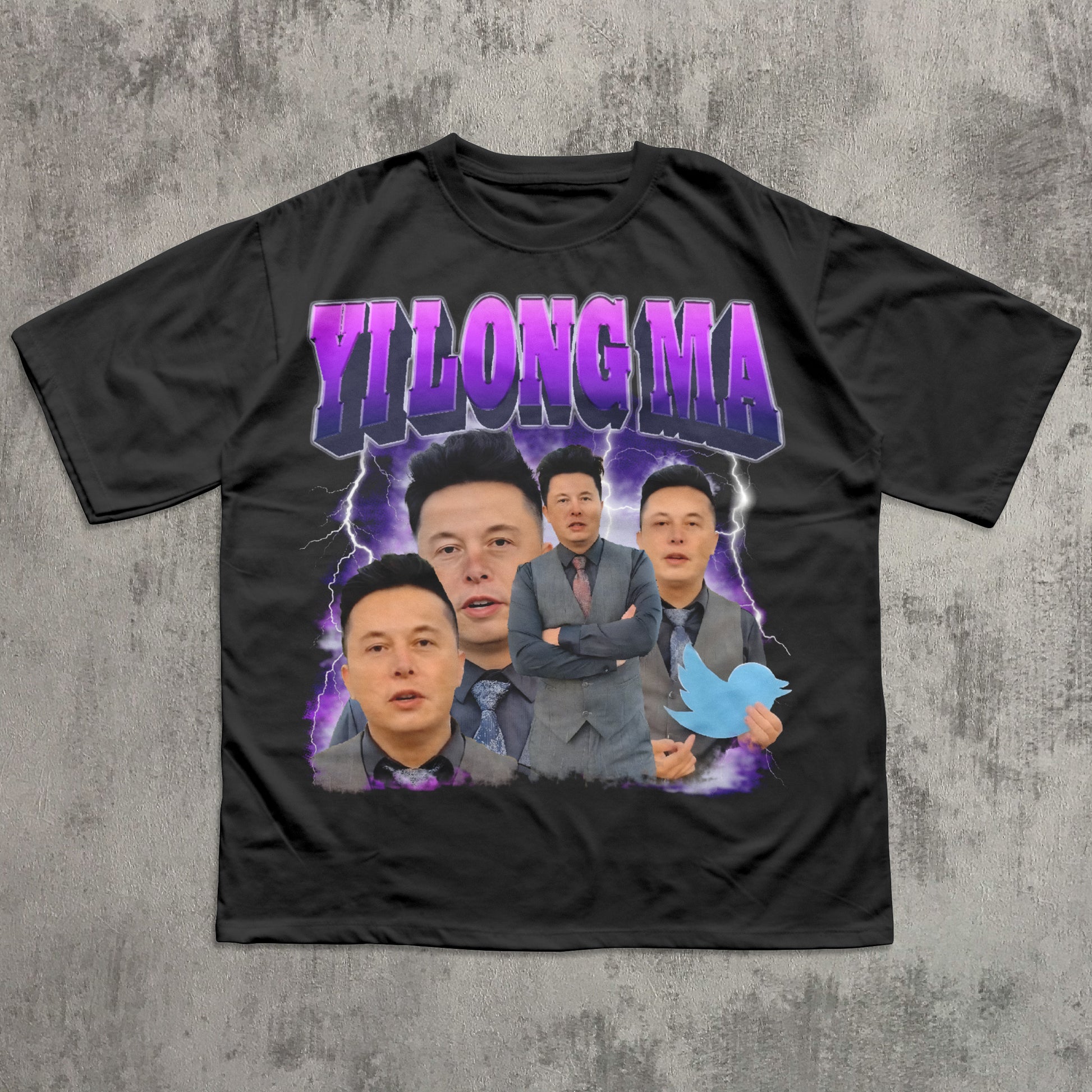 Black t-shirt with graphic design featuring four men and 'YILONG MA' text on a textured gray background