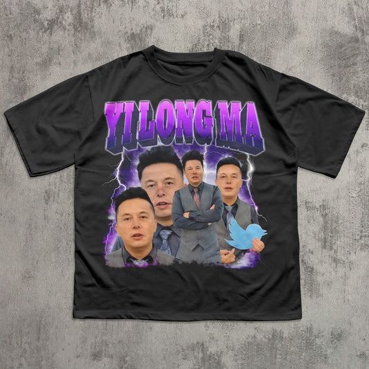 Black t-shirt with graphic design featuring four men and 'YILONG MA' text on a textured gray background