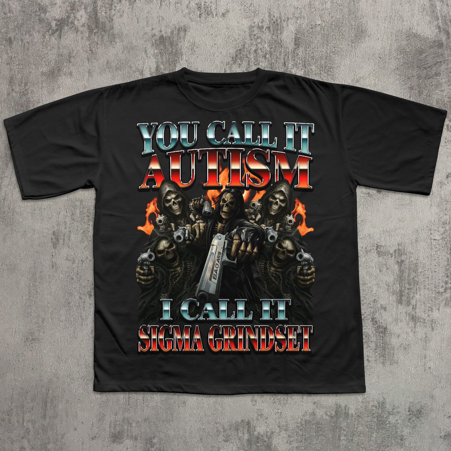 Black t-shirt with graphic design and text on a textured gray background