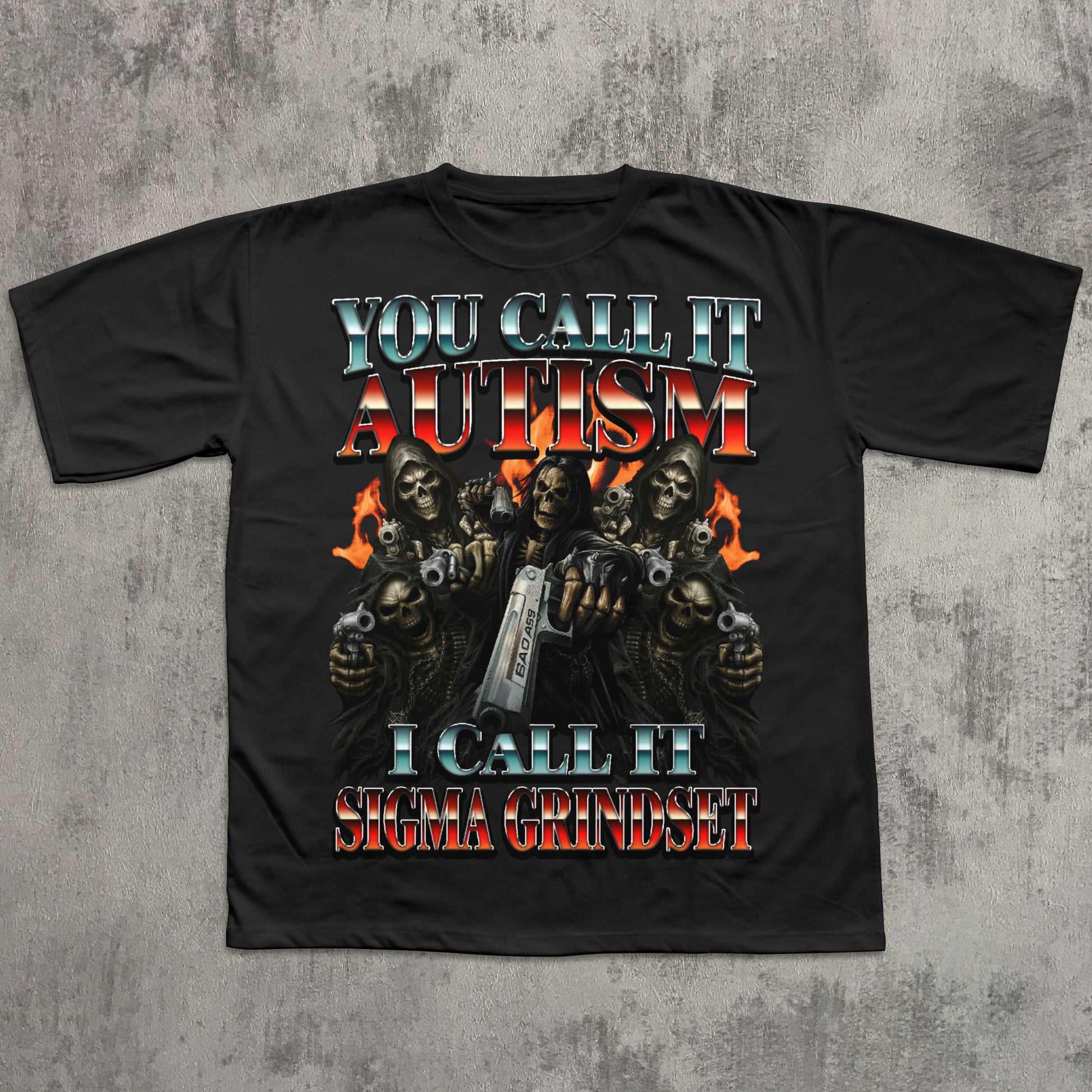 Black t-shirt with graphic design and text on a textured gray background